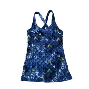 Lululemon Athletic Tank Top Womens 6 Blue Polka Dot Floral Strappy Shelf Bra